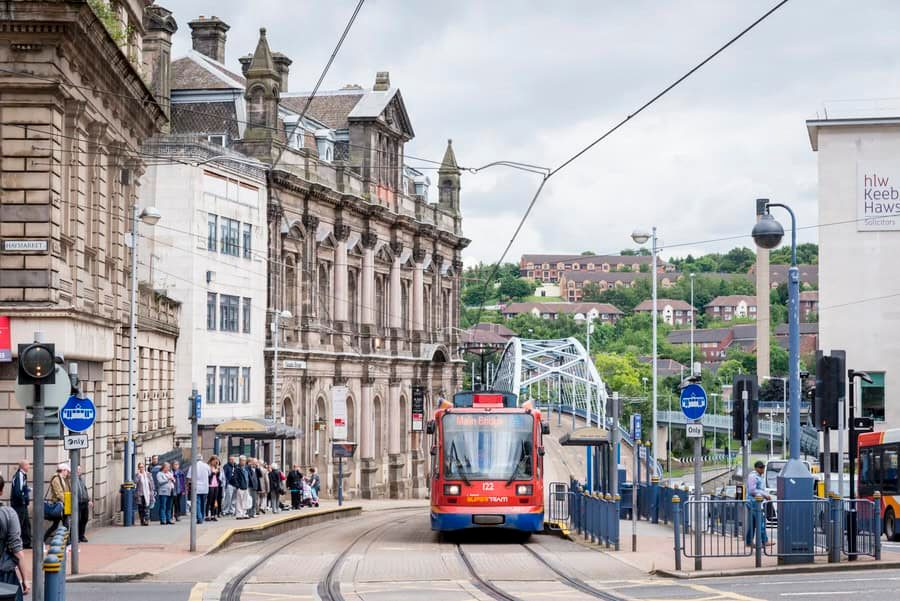 A red and blue tram.