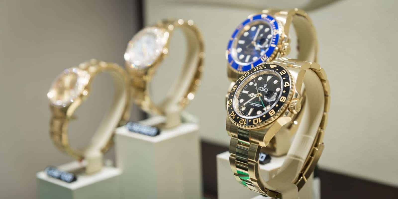 Rolex watches on display in a store.