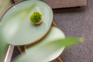 A green side table with a plant on it.