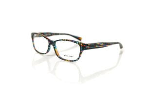 A pair of glasses with multi colored stripes on them.