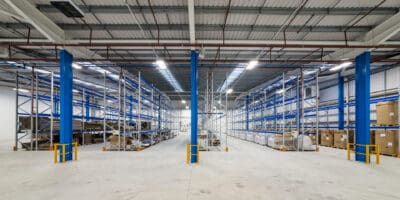 A large warehouse with blue shelves and blue lights.
