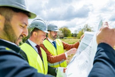 Three men in hard hats looking at construction plans.