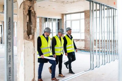 Three construction workers walking through an unfinished building.