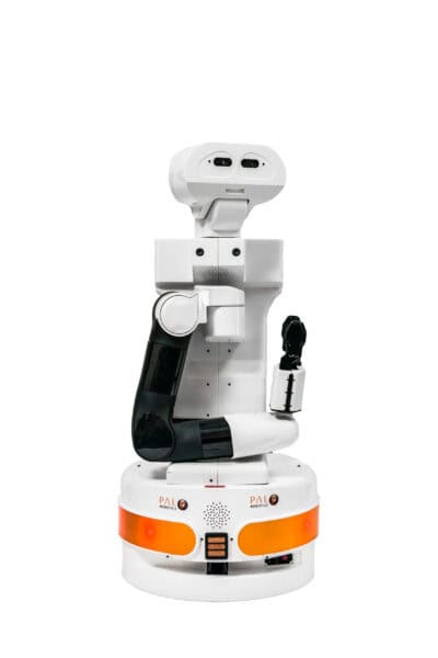 A white and orange robot on top of a white background.