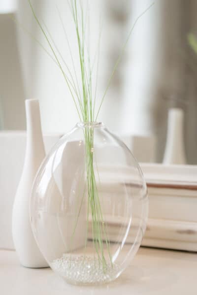A glass vase with grass in it.